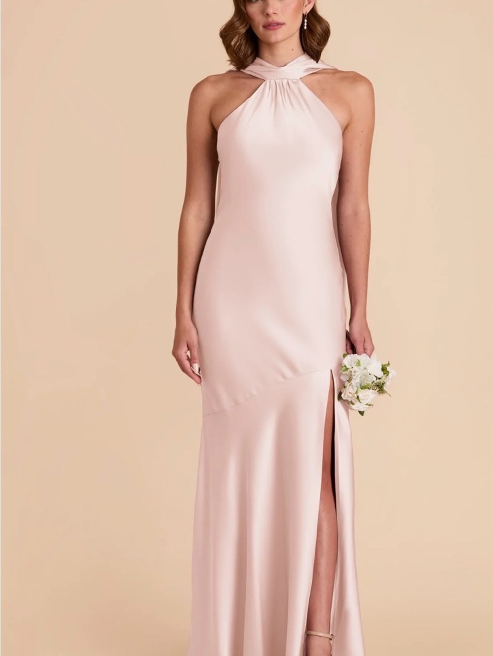 Elegant Blush Halter Gown - Sleeveless High-Slit Dress